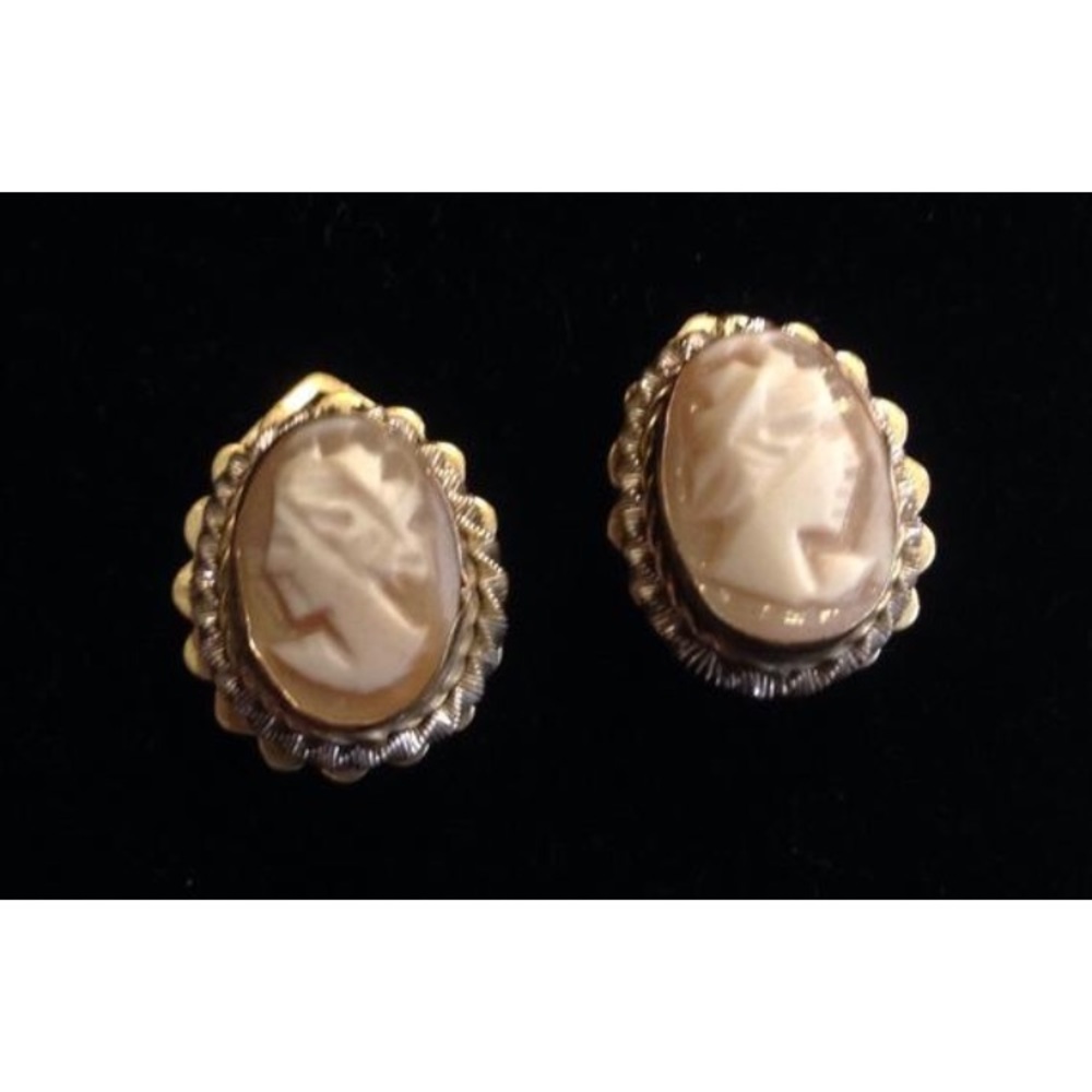 Antique Carved Shell Vermeil Clip On Earrings